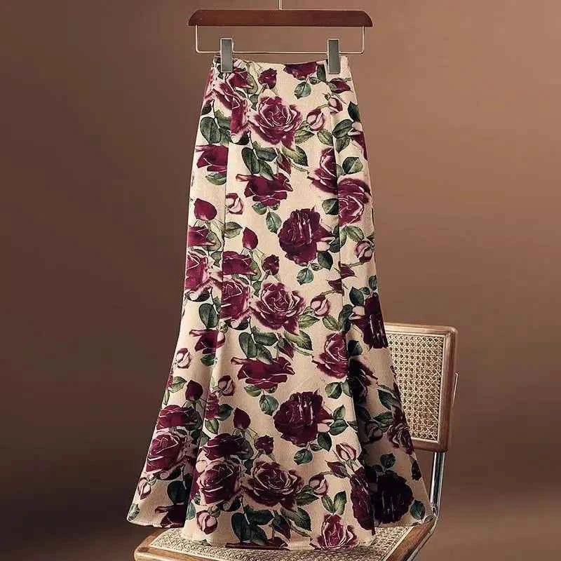 Rose Floral Print Vintage Elegant Chic A-line High Waist Trumpet Women's Skirt Mid-Calf Long Skirts For Women Clothing Fashion