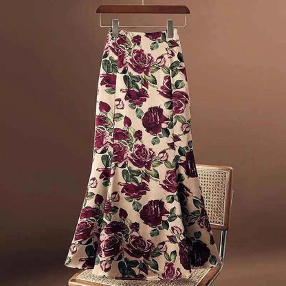 Rose Floral Print Vintage Elegant Chic A-line High Waist Trumpet Women's Skirt Mid-Calf Long Skirts For Women Clothing Fashion