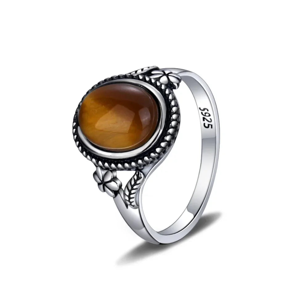 Natural 8*10MM Tiger's Eye Stone Finger Ring Fashion Jewelry Rings for Women Gift S925 Silver Flower Shaped Ring