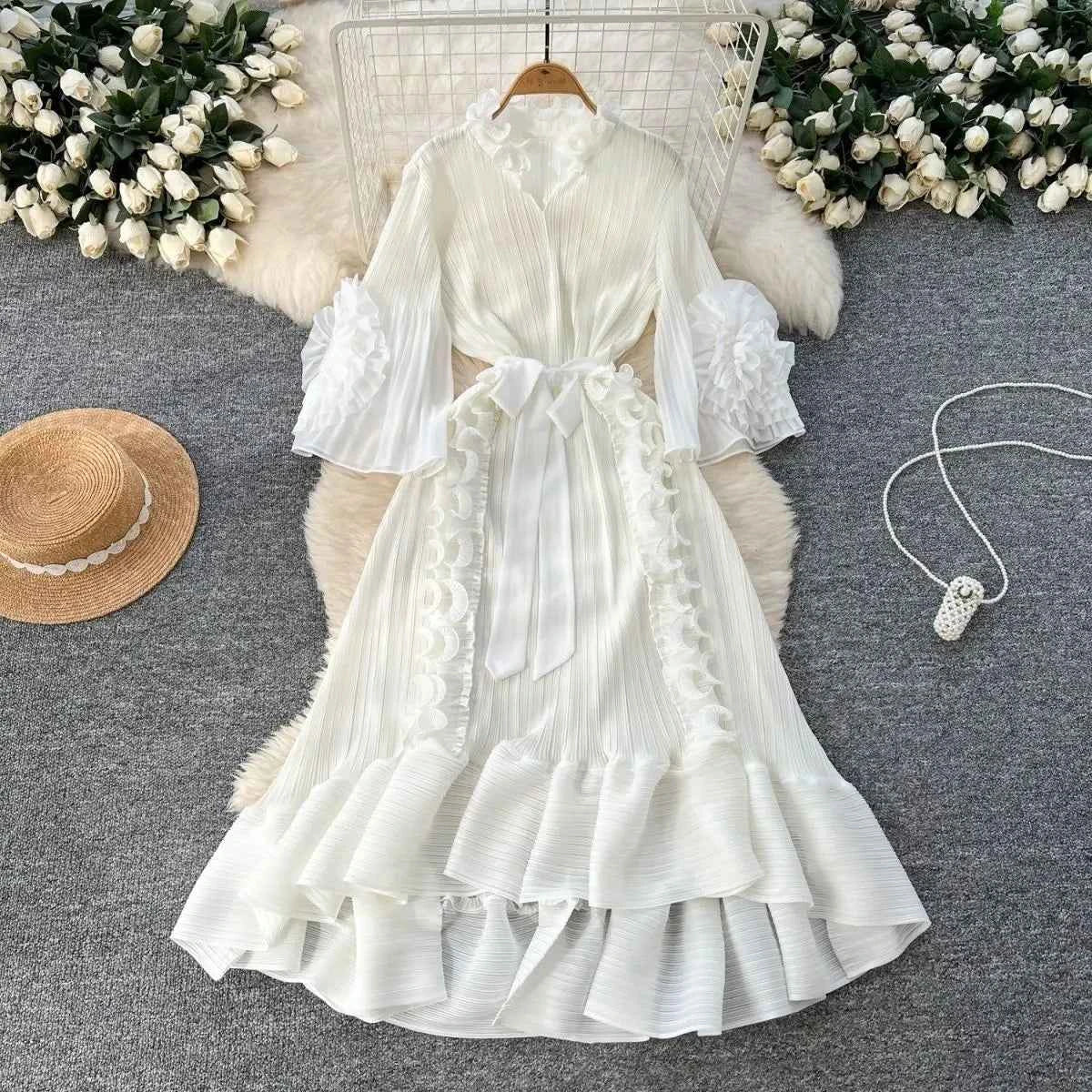 Miyaki Dress, Plus-Size, Ruched, with Fishbone Detailing, Ruffled Belt, Slim-Fit Midi Dress, Elegant and Casual A-Line Pleated Dress with High Elasticity