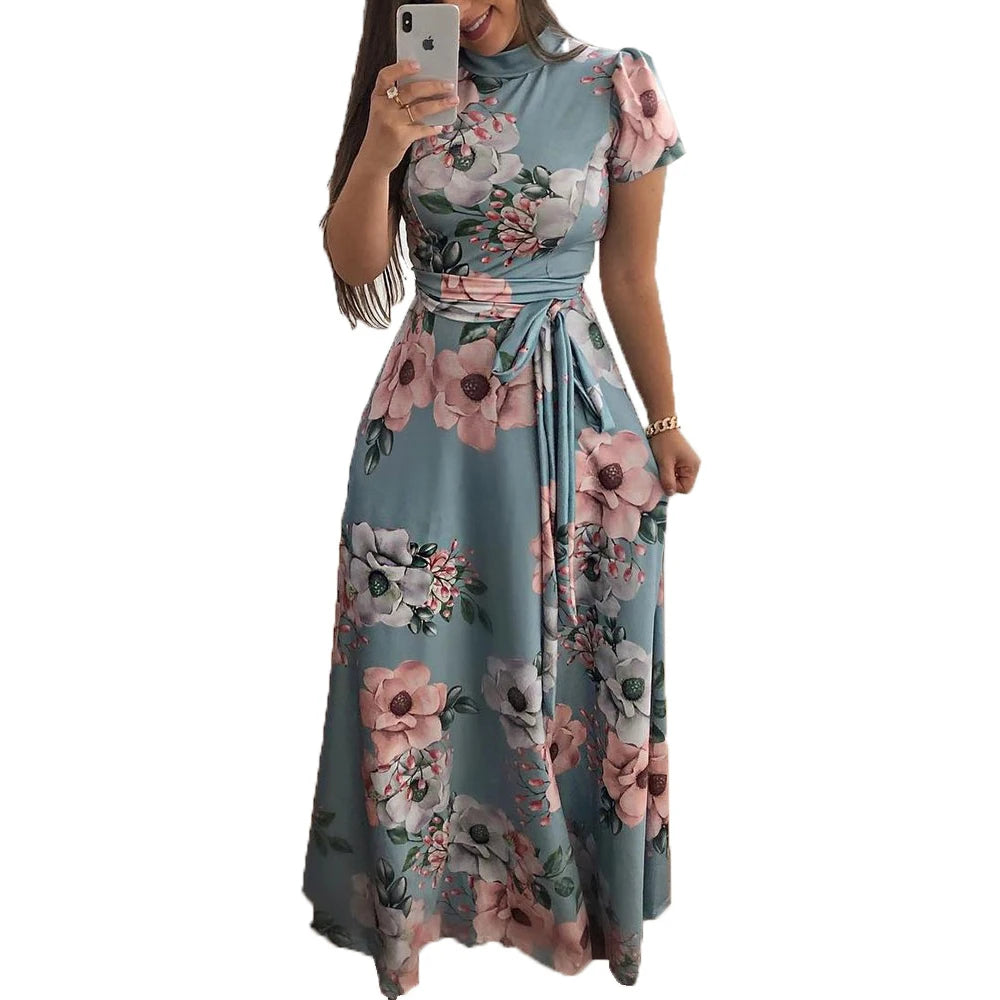 Women's Floral Print Summer Dress - 2025 New Boho A-Line Swing Dress with Short Sleeves, High Waist Flowy Maxi Dress for Beach & - AMULET RING STORE