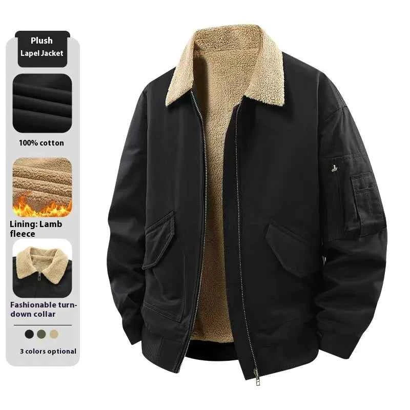 Men's Winter Fleece Jacket - Zipper Coat, Stylish and Elegant Lapel Design, Lamb Wool Lining - Cold Weather Coat, Suitable for Daily and Formal Events - Military Style Casual Jacket, Layered Wear, Military Style Design, Durab