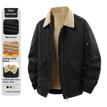 Men's Winter Fleece Jacket - Zipper Coat, Stylish and Elegant Lapel Design, Lamb Wool Lining - Cold Weather Coat, Suitable for Daily and Formal Events - Military Style Casual Jacket, Layered Wear, Military Style Design, Durab