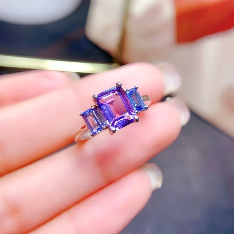 925 Sterling Silver Vintage  Rings Retro Natural Tanzanite and Natural Amethyst  FineJewelry for Women and Girls
