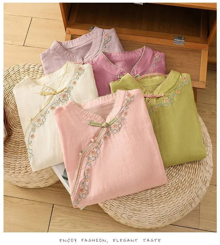 Casual Loose Blouse Shirt Women Clothes Summer Cotton Linen Ladies Tops Tee Blusas Vintage Embroidery Woman Shirt Camiseta Mujer