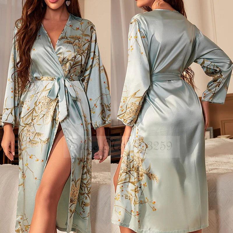 Black Print Flower Long Robe Nightgown Silk Satin Female Sleepwear Nightdress Spring Summer Loose Kimono Bathrobe Gown Home Wear