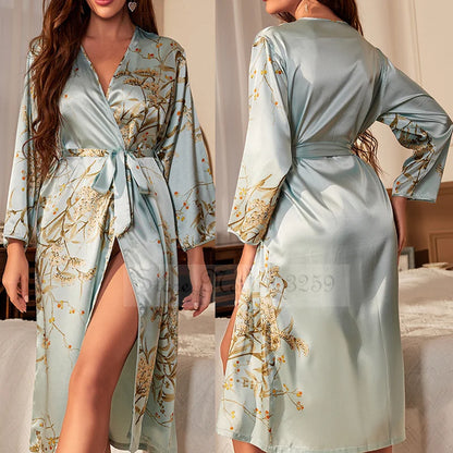 Black Print Flower Long Robe Nightgown Silk Satin Female Sleepwear Nightdress Spring Summer Loose Kimono Bathrobe Gown Home Wear