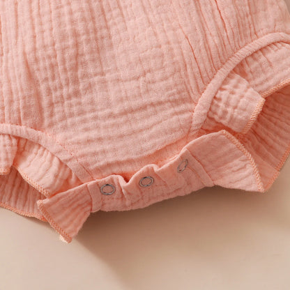0-18 Months Newborn Baby Girl Plain Soft Bodysuit Lace Flared Sleeve Summer Romper with Headband Toddler Baby Girl Clothing