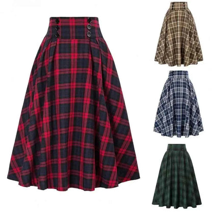 High Waist Plaid Swing Skirt Faionable Large Flounce Midi Skirt Women's Premium Clothing A-Line Silhouette Umbrella Skirt