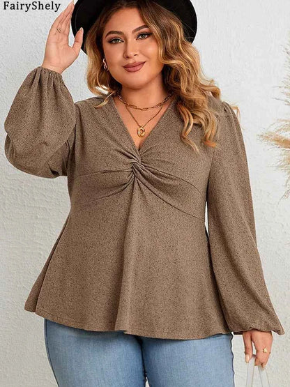 Fairyshely 2025 Spring Autumn V Neck Plus Size Top Women Long Sleeve Loose Large T-shirt Lady Brown Casual Curvy Pullover Tops