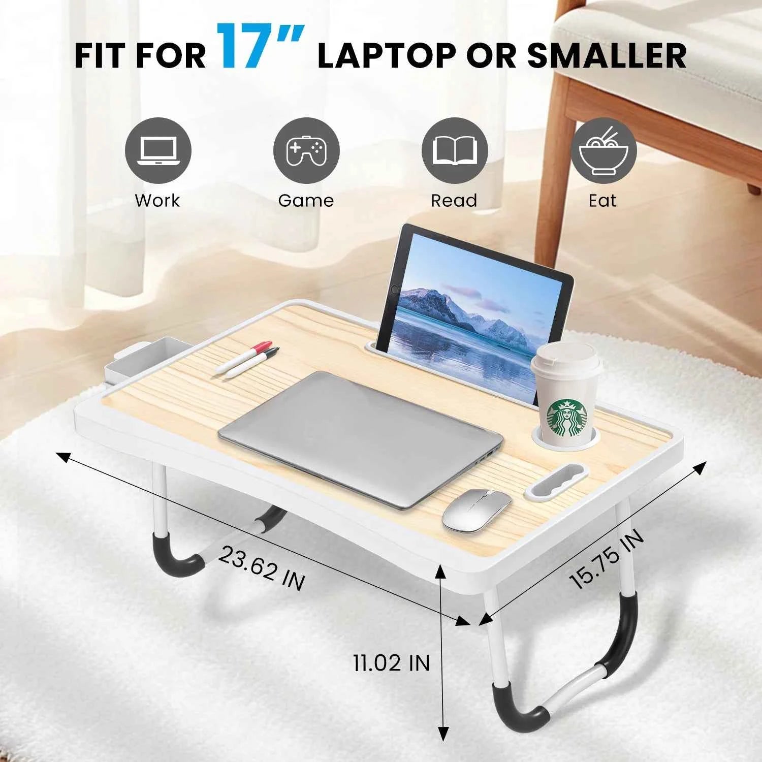Extra-large multifunctional folding desk, portable multi-color wooden laptop bed desk with cup holder, suitable for work, readin