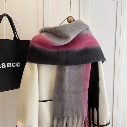 New Fashion Mohair Stripted Tassel Scarf Women Autumn Winter Korean Version Thickened Warm Soft Female Shawl Colorful Muffler