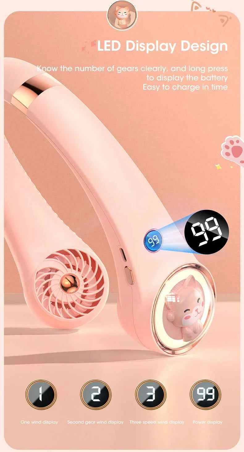Bladeless Neck Fan 2000mAh USB Rechargeable Digital Display Cute Cat Hanging Mini for Travel Office