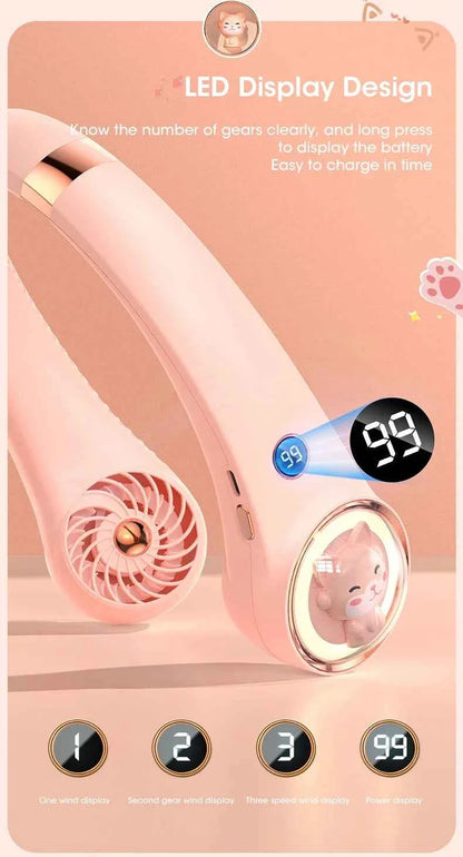 Bladeless Neck Fan 2000mAh USB Rechargeable Digital Display Cute Cat Hanging Mini for Travel Office