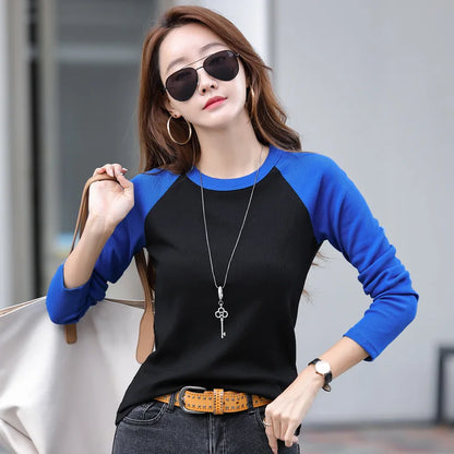 Cotton Slim T Shirt Women Contrast Color Womens Shirt Korean Fashion Clothing Long Sleeve Top 2024 Spring Autumn Tee Shirt Femme