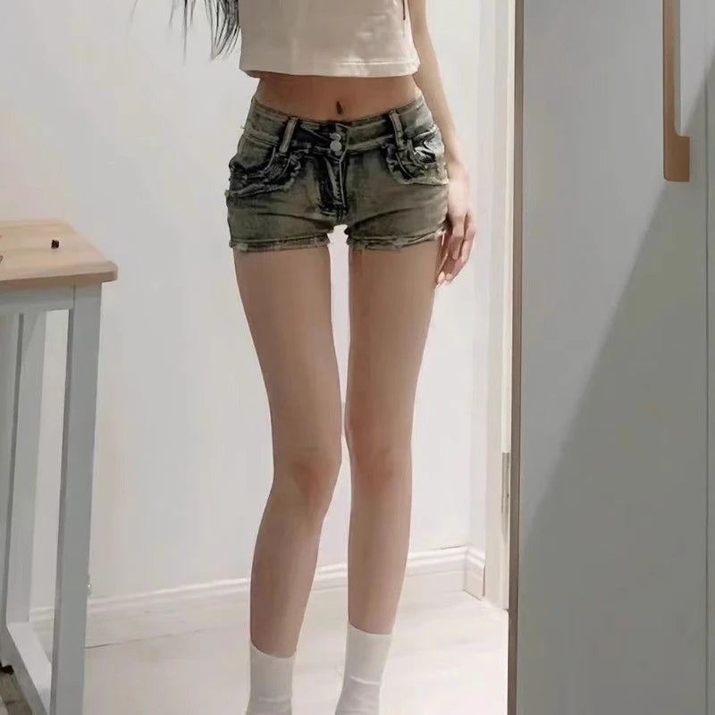 New Woman Designer Low Waist Punk Jeans Girls Aesthetic Elastic High Street Mini Pants Female Sexy Nightclub Summer Denim Shorts - AMULET RING STORE