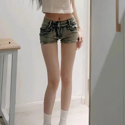 New Woman Designer Low Waist Punk Jeans Girls Aesthetic Elastic High Street Mini Pants Female Sexy Nightclub Summer Denim Shorts - AMULET RING STORE