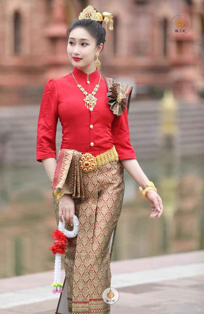 Thailand Outfit for Women Thai Traditional Clothing Tops Blouse Tube Skirt Southeast Asian Clothes Dai Dress Wedding Dress