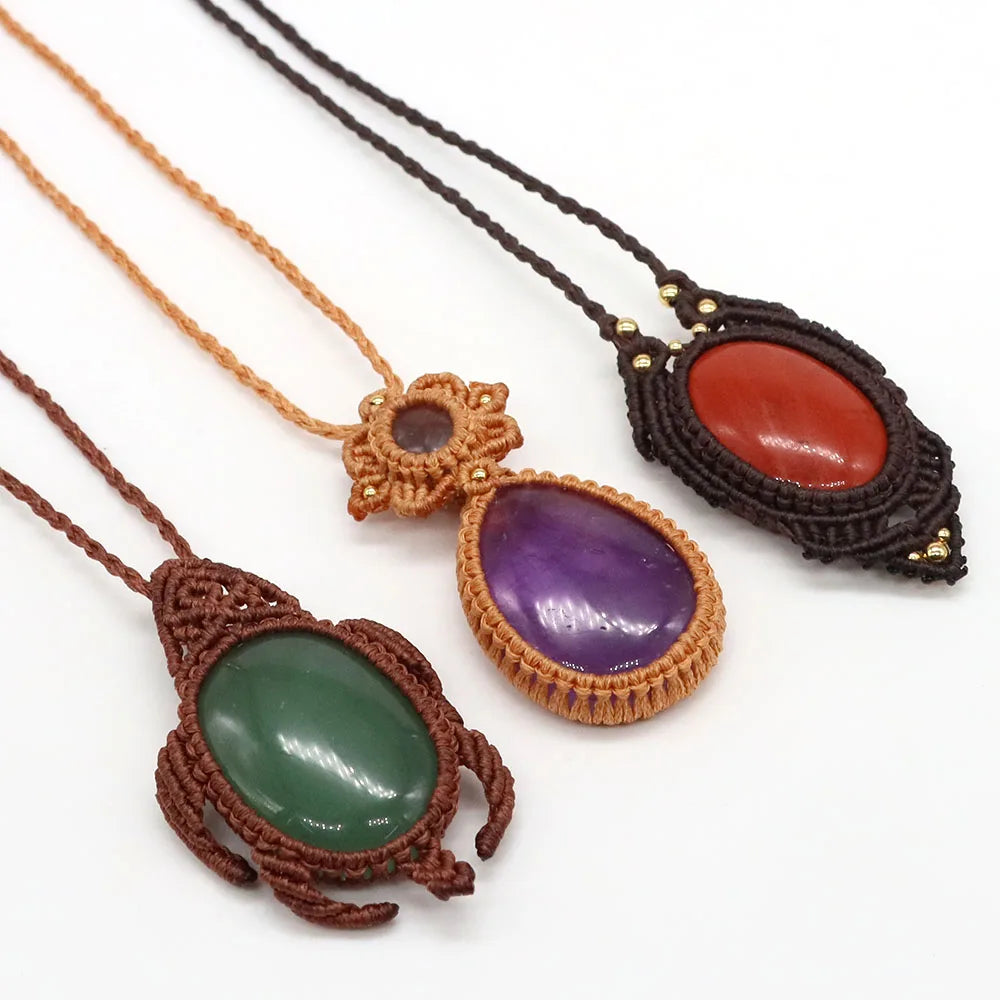 Natural Stones Tear Water Drop Pendant Crystals Healing Handmade Thread Rope Wrap Braided Macrame Chain Necklace Jewelry Gifts - AMULET RING STORE