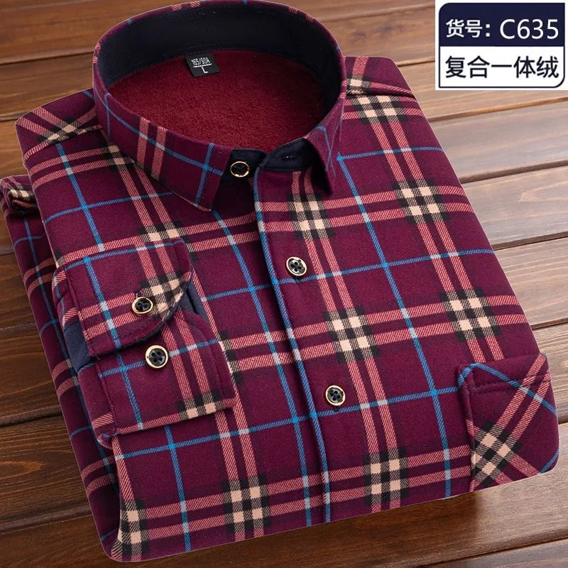 2023 Autumn and Winter New Fashion Trend Plaid Shirt Men's Casual Comfort Plus Fleece Thick Warm High Quality Long Sleeve Shirt