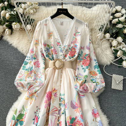 Summer Holiday Flower Robe Dress Women Lace Splicing V-Neck Long Lantern Sleeve Sashes Floral Print Maxi Vestidos Clothes 6272