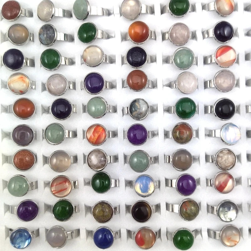 New Style Round Natural Stone Rings Adjustable Size 50pcs/lot Mixed Color