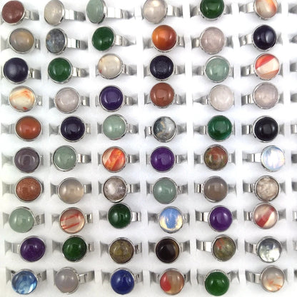 New Style Round Natural Stone Rings Adjustable Size 50pcs/lot Mixed Color
