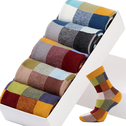 5 Pairs Combed Cotton Men's Socks Compression Socks Fashion Colorful Square Stripe Happy Dress Socks Men Size 39-45 - AMULET RING STORE