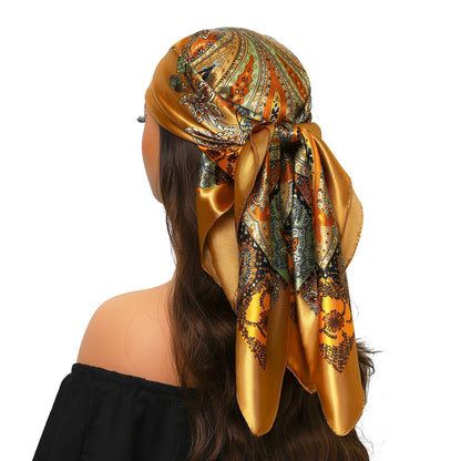Head Scarf Women Luxury Brand Square 90*90cm Silk Foulard Satin Bandana Cheveux Soft Neckerchief Hijab Hair Scarves For Ladies - AMULET RING STORE