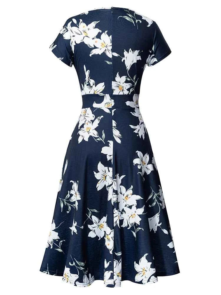 Nice-forever Vintage Elegant Floral Print Pleated Round neck vestidos A-Line Pinup Business Party Women Flare Swing Dress A102
