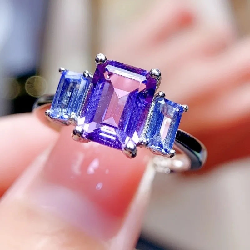 925 Sterling Silver Vintage  Rings Retro Natural Tanzanite and Natural Amethyst  FineJewelry for Women and Girls