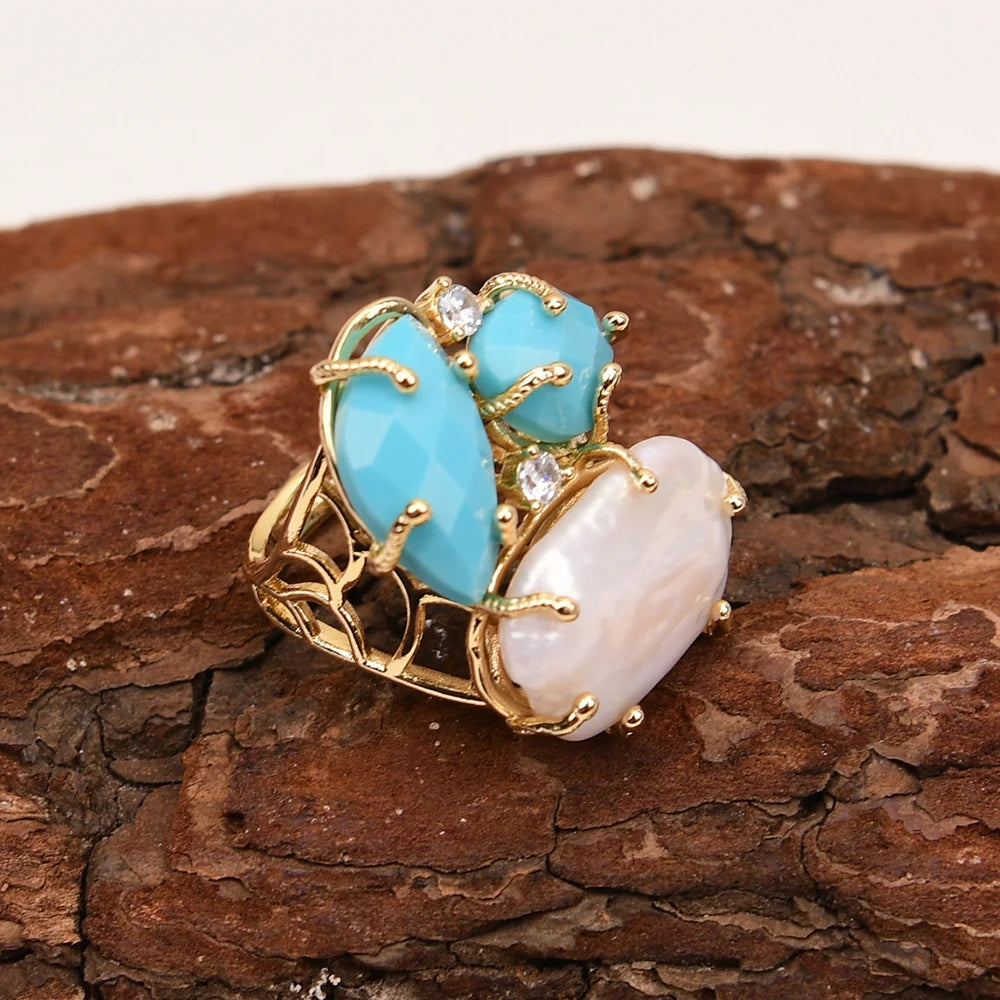 Natural White Pearl Blue Turquoise Stone Rings Adjustable Jewelry Gifts