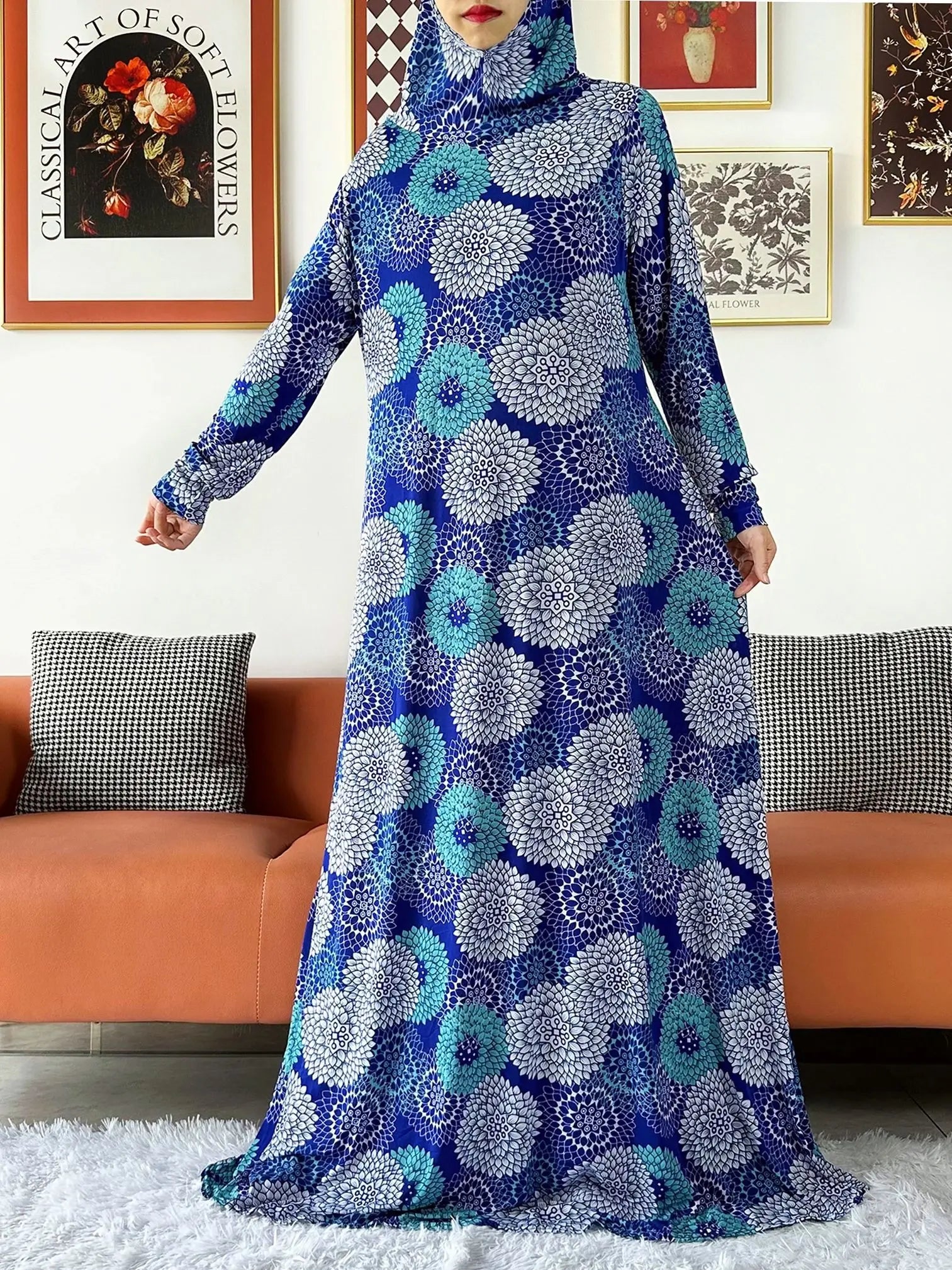 2025 Floral Ramadan Muslim Dress Solid Color Khimar Kaftan Abaya Robe with Attached Hijab Middle East Prayer Garment for Women - AMULET RING STORE