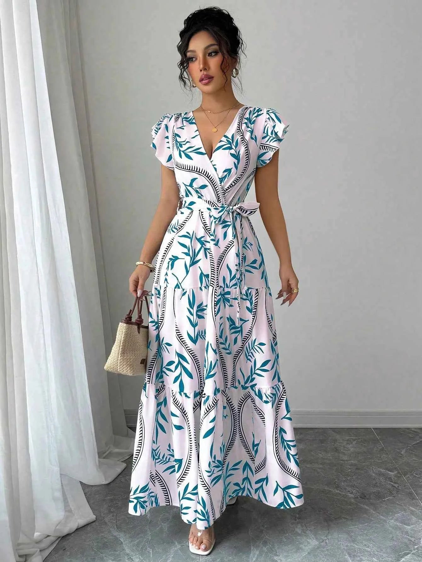 New Summer Women's Printed Lace-up Dress,Short Sleeved Dresses,White Dresses,Elegant Dresses For Ladies,Woman's 2025 Clothing