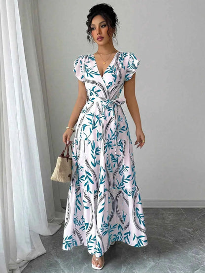 New Summer Women's Printed Lace-up Dress,Short Sleeved Dresses,White Dresses,Elegant Dresses For Ladies,Woman's 2025 Clothing