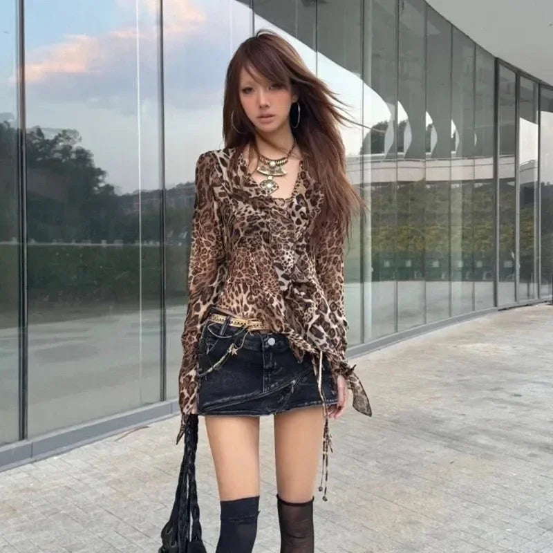 Irregular Shirt Trashy 2000s Vintage Tops Subculture Y2k Leopard Print T-Shirt Harajuku Ruffled Blouses Grunge Aesthetics V-neck - AMULET RING STORE