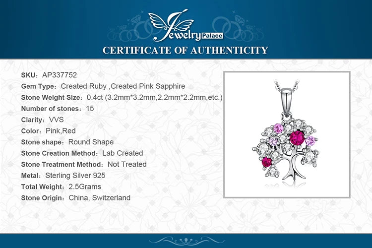 JewelryPalace Life Tree Created Ruby 925 Sterling Silver Pendant Necklace for Women Statement Gemstone Jewelry Choker No Chain