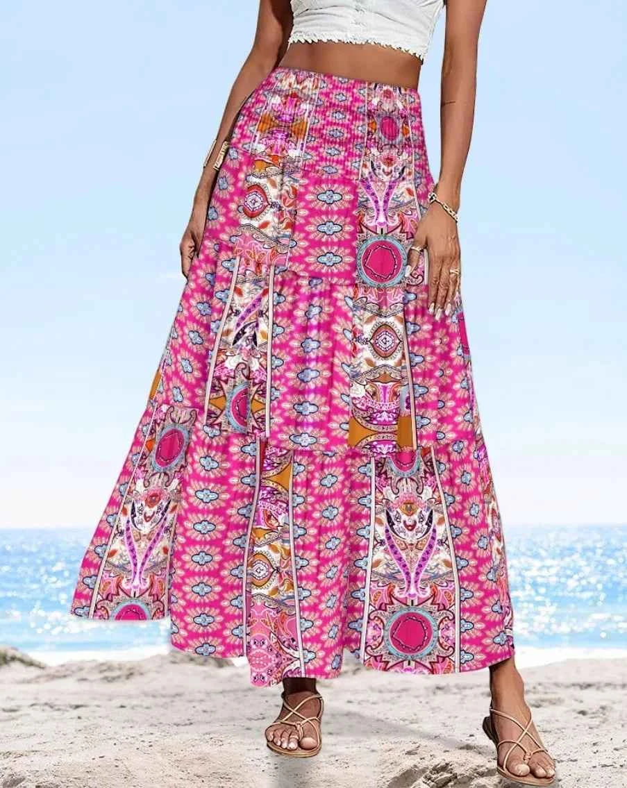 Women's Fashion High Waist Elastic Waist Two-wearing Elegant Skirt Ladies Casual Flower Print Black Vacation Party Beach Skirt