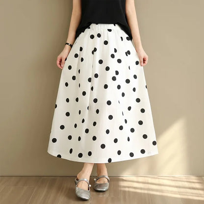 THHONE Summer Skirt Women 2025 High Waist Loose Fashion Vintage Dot Casual Korean Style Elegant A-line Skirts Women's Clothing