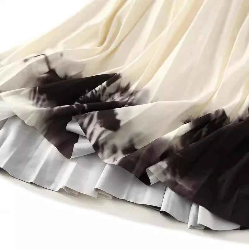 Printed pleated skirt with elastic waistband, colorful flower big swing skirt, women's contrasting long skirt, A-line skirt, new