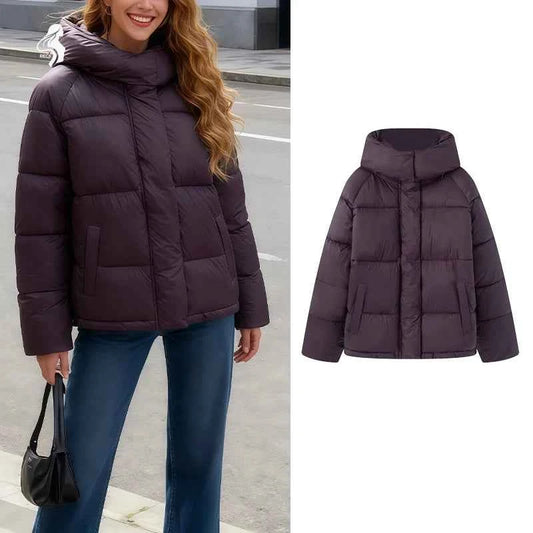 Women's Hooded Purple Cotton Jacket - Quilted Design, Warm Winter Coat, Casual Cold-Weather Outerwear