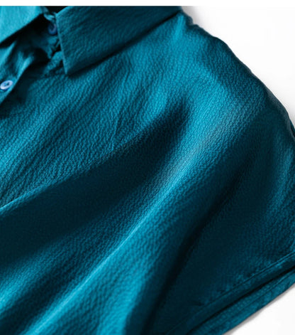 Women 100% Mulberry Silk 20 momme Heavy Silk Peacock Blue Collared Short Sleeve Buttons Down Shirt Top Blouse office work MM567