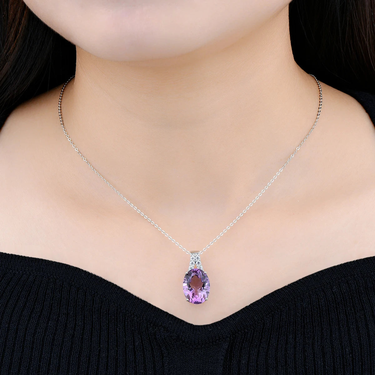 Natural Amethyst Sterling Silver S925 Rhodium Plated 8.5 Carats Genuine Birthstone Big Size Quarts Birthday Gift for Women