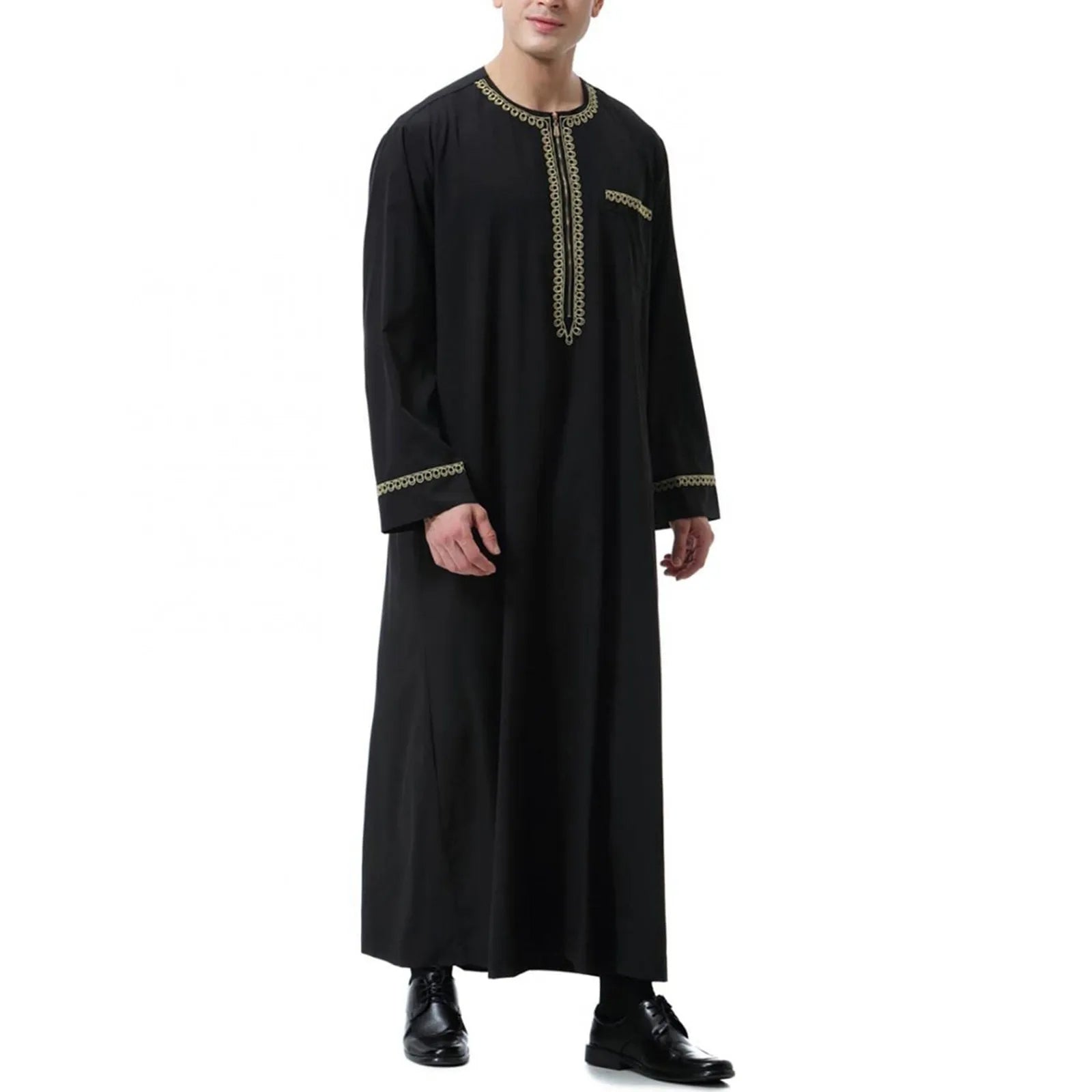 Traditional Muslim Clothing Men's Muslim Shirt robe embroidery Islamic Royalty Dubai Robe O-Neck Long Sleeve Retro Loose Abaya - AMULET RING STORE