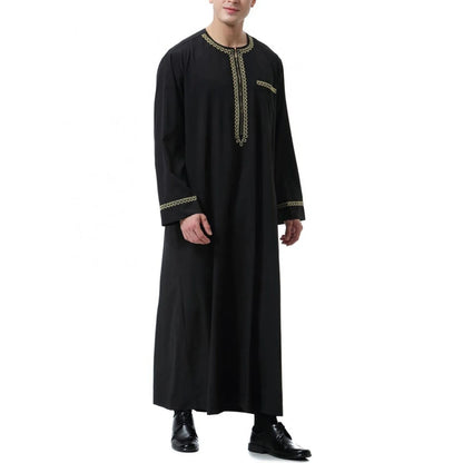 Traditional Muslim Clothing Men's Muslim Shirt robe embroidery Islamic Royalty Dubai Robe O-Neck Long Sleeve Retro Loose Abaya - AMULET RING STORE