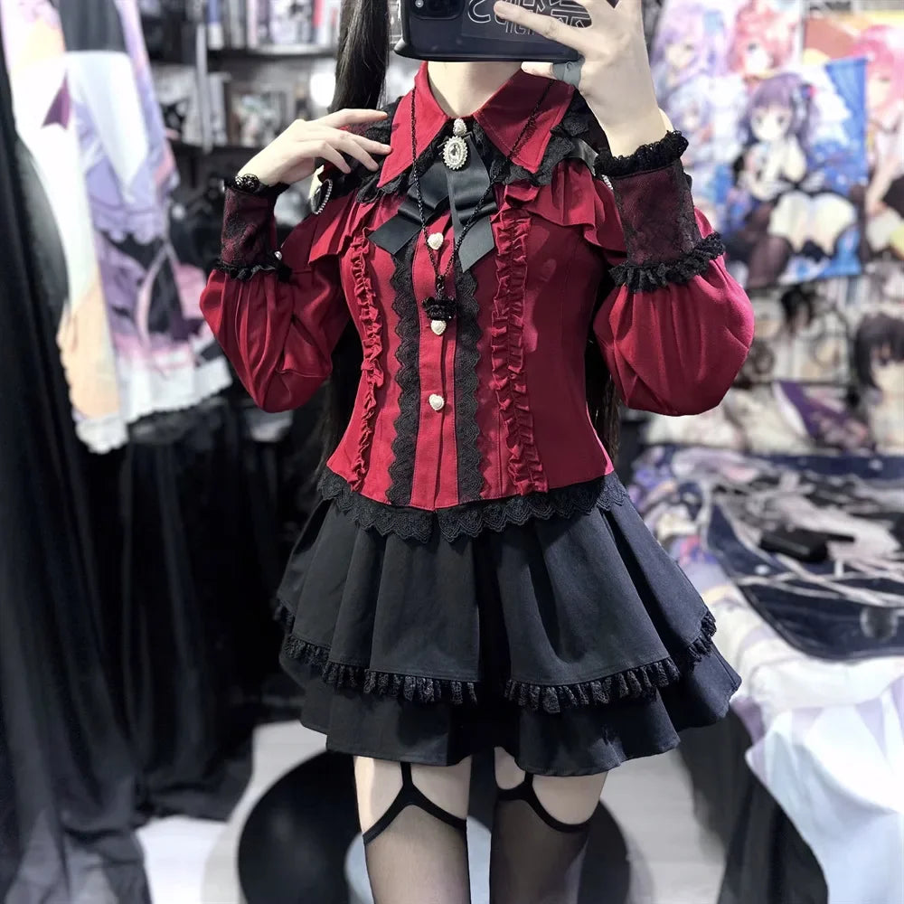 Sweet Gothic Lolita Two Piece Set, Off Shoulder Blouse + High Waist Skirt, Kawaii Tri-color Lace Coord Outfit for Women & Teens