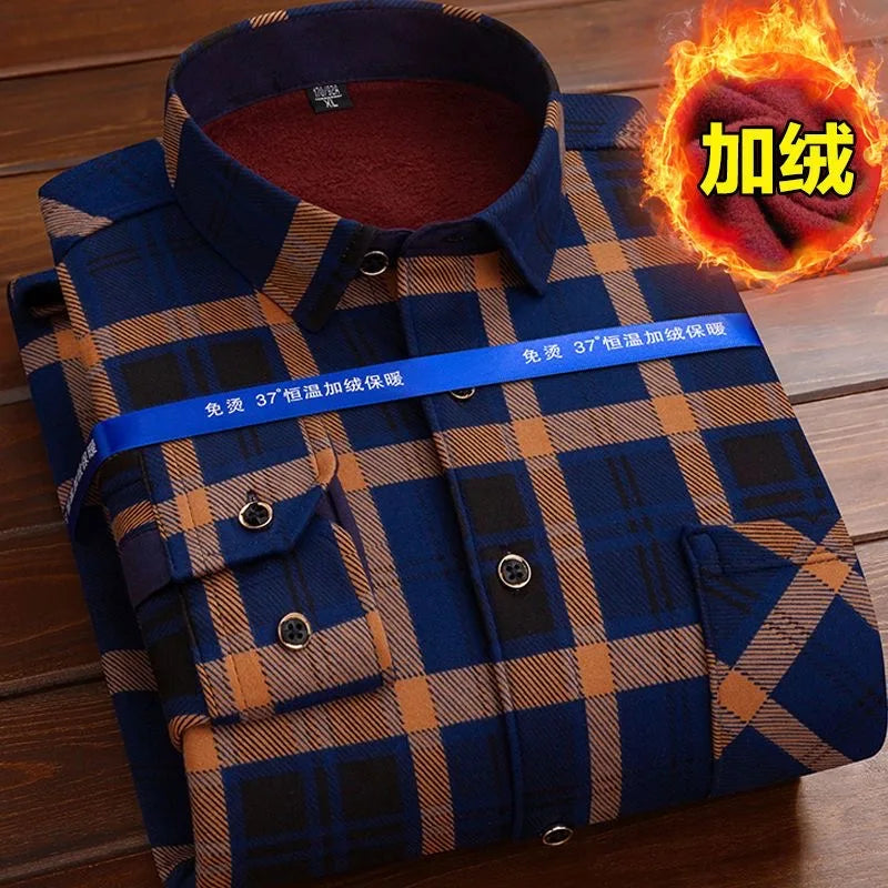 2023 Autumn and Winter New Fashion Trend Plaid Shirt Men's Casual Comfort Plus Fleece Thick Warm High Quality Long Sleeve Shirt
