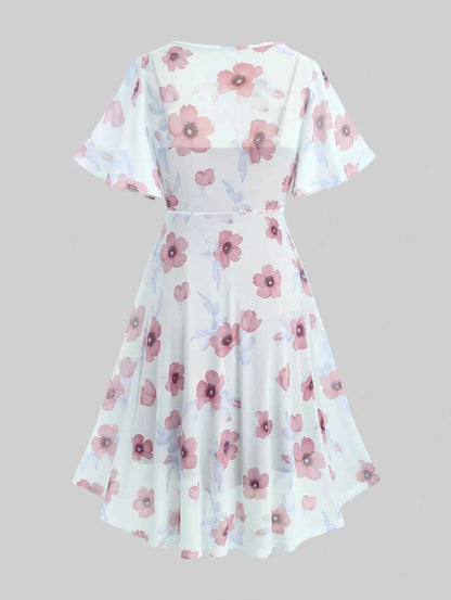 ROSEGAL Plus Size Flutter Sleeves Floral Dress and Lace-up A Line Cami Dress Set