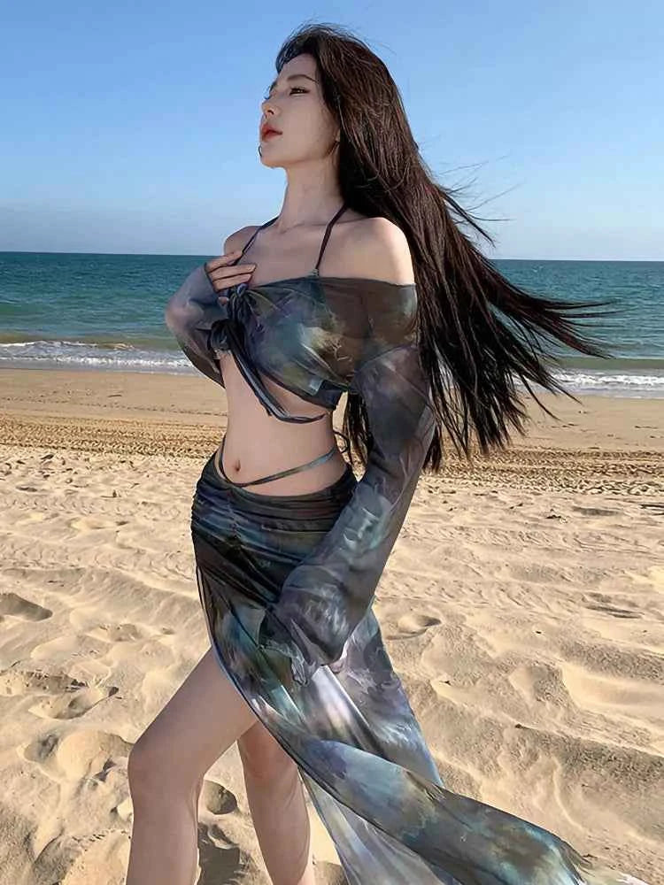 2025 Swimsuit Women's Sexy Bikini Four Piece Tie Dye Long Skirt Sexy European and American Slim Fit Hot Spring Vacation
