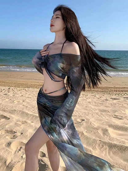 2025 Swimsuit Women's Sexy Bikini Four Piece Tie Dye Long Skirt Sexy European and American Slim Fit Hot Spring Vacation